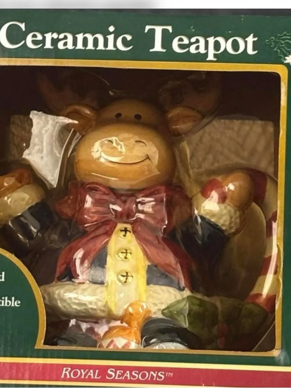 Royal Seasons Hand-Painted Ceramic Reindeer Teapot - Red, Cream, Green - Picture 5 of 6